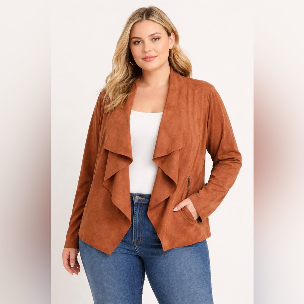 Bagatelle Collection Faux Suede Draped Waterfall Jacket 2X Brown Open Front Boho